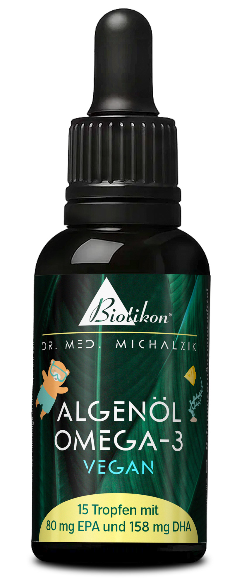 Algenöl Omega-3 vegan für Kinder, 30 ml vegan – DHA & EPA aus Mikroalge Schizochytrium – Omega-3 Tropfen – fischfrei – mit Zitronenöl – Biotikon