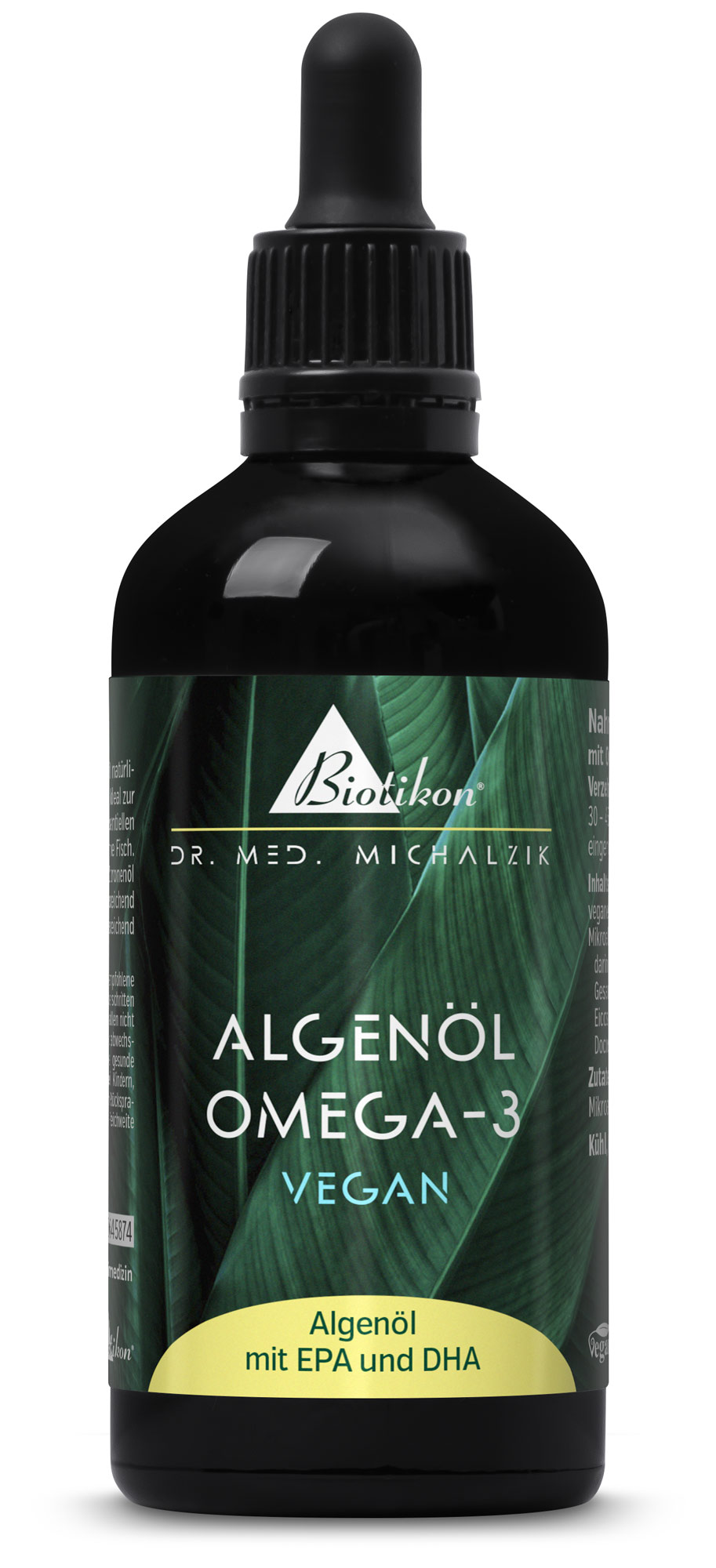 Algenöl Omega-3 vegan, 100 ml vegan – DHA & EPA aus Mikroalge Schizochytrium – Omega-3 Tropfen – fischfrei – mit Zitronenöl – Biotikon